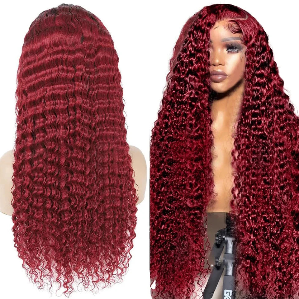 13x4 99J Burgundy Deep Wave LaceFrontal Wig Curly Lace Front